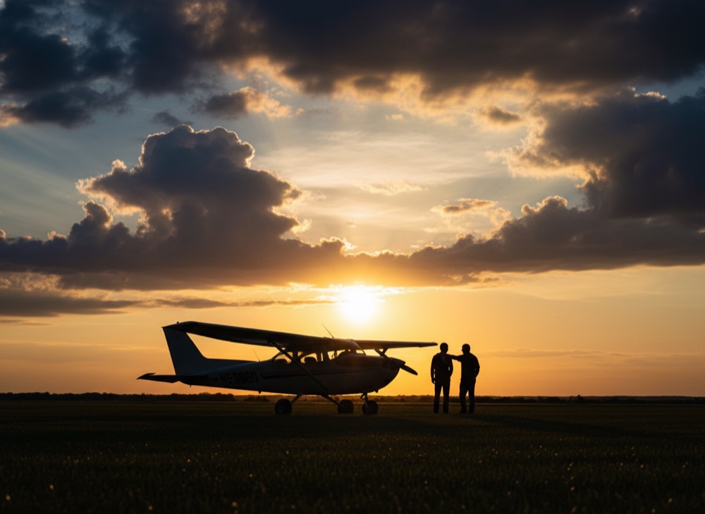 Membres du club en silhouette autour d'un avion au coucher du soleil