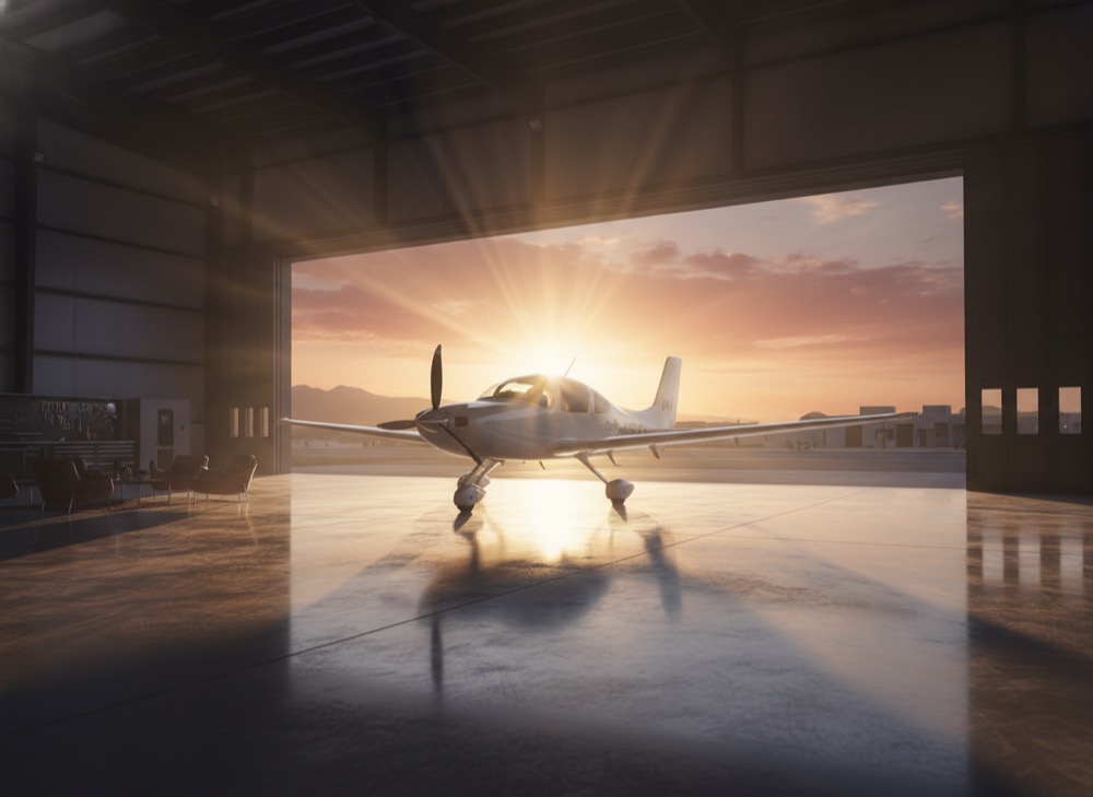 Avion dans le hangar baigné de lumière à l'aube