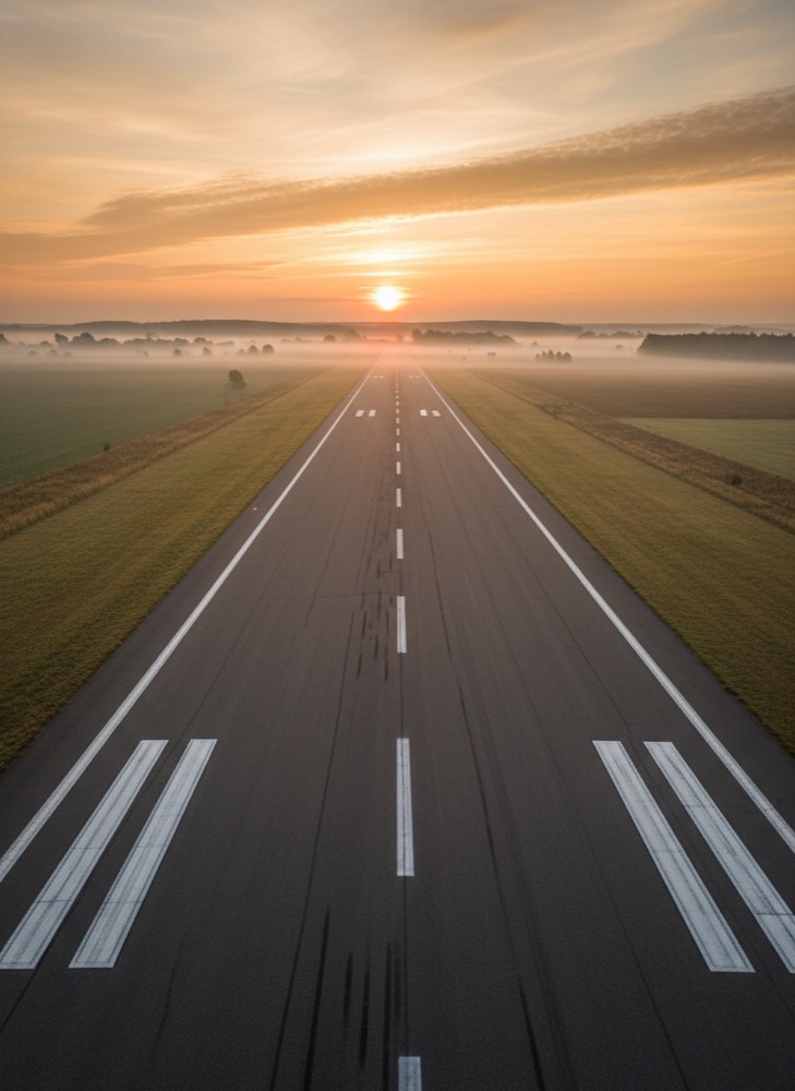 Piste de l'aérodrome dans la brume dorée du matin